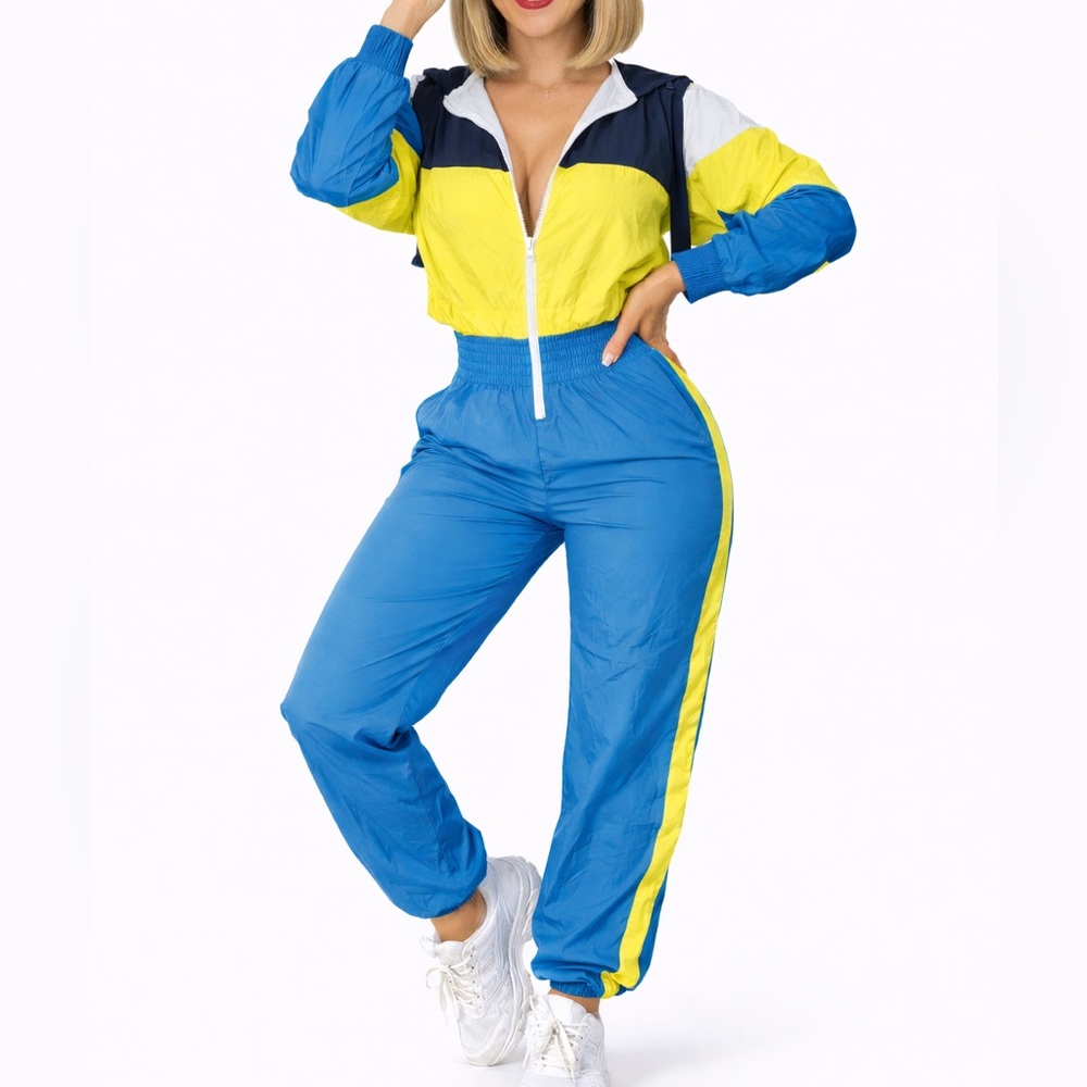 Colorblock Windbreaker Tracksuit Set Blue Yellow Zip Up Joggers